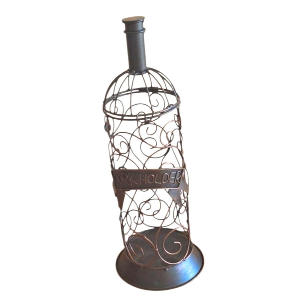 Wine Bottle Shaped Cork Holder Hinged Lid 16" Tall Dark Bronze Metal Bar Decor